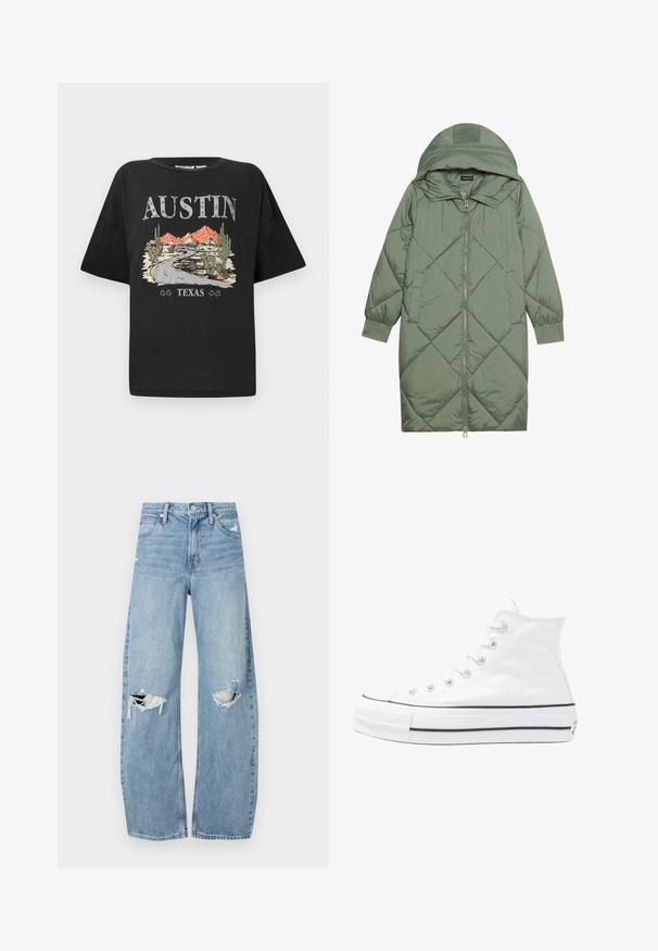 Casaco puffer longo verde acolchoado com capuz, apresentando um fecho frontal com zíper e dois bolsos laterais. Padrão texturizado em forma de diamante por todo o casaco.; T-shirt preta de mangas curtas e corte largo, com um design gráfico de uma estrada, montanhas e cactos. O texto diz "AUSTIN TEXAS."; Jeans de lavagem clara, de cintura alta, feitos de denim. Apresentam pernas largas, duas áreas rasgadas nos joelhos e o estilo clássico de cinco bolsos.; Sapatilha alta de tela branca com sola de borracha preta, bico de borracha na frente e seis ilhós para os atacadores, apresentando um design limpo e minimalista.