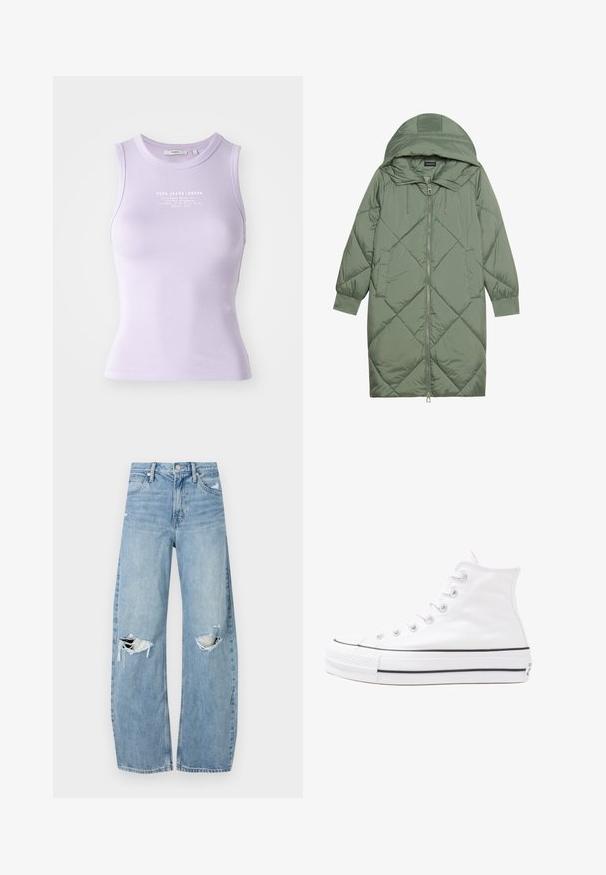 Quiltet lang grønn pufferjakke med hette, med en frontglidelås og to sidelommer. Teksturerte diamantmønster overalt.; Lilla ribbete treningsskjorte med en figursydd fasong, rund halslinning og logo-utskrift i hvitt på forsiden. Myk tekstur og ermeløs design.; Lyseblå høytlivsjeans laget av denim. Har vide bein, to revne knær og klassisk fem-lommers design.; Hvit høy-skinn kanvas sneakers med svart gummisåle, gummitåhette foran og seks hull for snorer, med et rent, minimalistisk design.