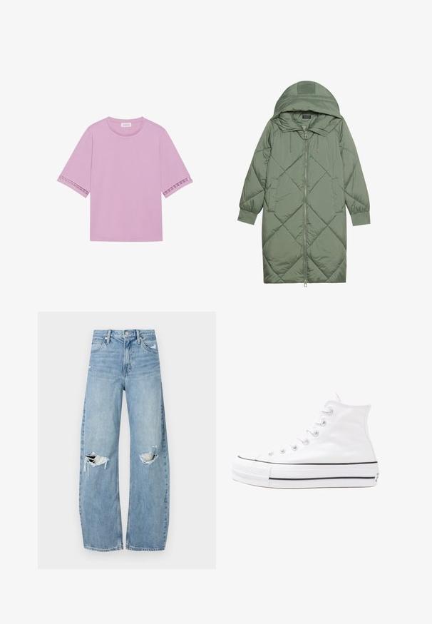 Quiltet lang grøn pufferjakke med hætte, med frontlynlås og to sidelommer. Teksturret diamantmønster over det hele.; Lyserød kortærmet t-shirt lavet af blødt stof, med blonde detaljer ved ærmekanterne og en klassisk rund halsudskæring.; Lysblå, højtraljede jeans lavet af denim. Har brede ben, to huller ved knæene og klassisk fem-lommes stil.; Hvide høje kanvas sneakers med sort gummisål, gummitåhætte foran og seks øjehuller til snørebånd, der har et rent, minimalistisk design.