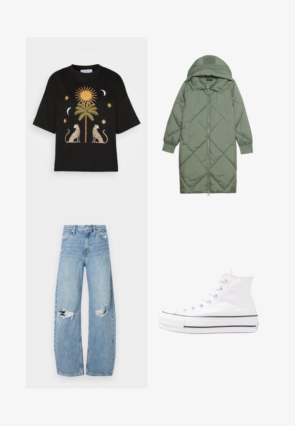 Quiltet lang grøn pufferjakke med hætte, med frontlynlås og to sidelommer. Teksturret diamantmønster over det hele.; Sort bomulds-t-shirt med et centralt palmetrædesign, flankeret af to leoparder samt sol- og månegrafik i gyldne og cremefarvede nuancer.; Lysblå, højtraljede jeans lavet af denim. Har brede ben, to huller ved knæene og klassisk fem-lommes stil.; Hvide høje kanvas sneakers med sort gummisål, gummitåhætte foran og seks øjehuller til snørebånd, der har et rent, minimalistisk design.