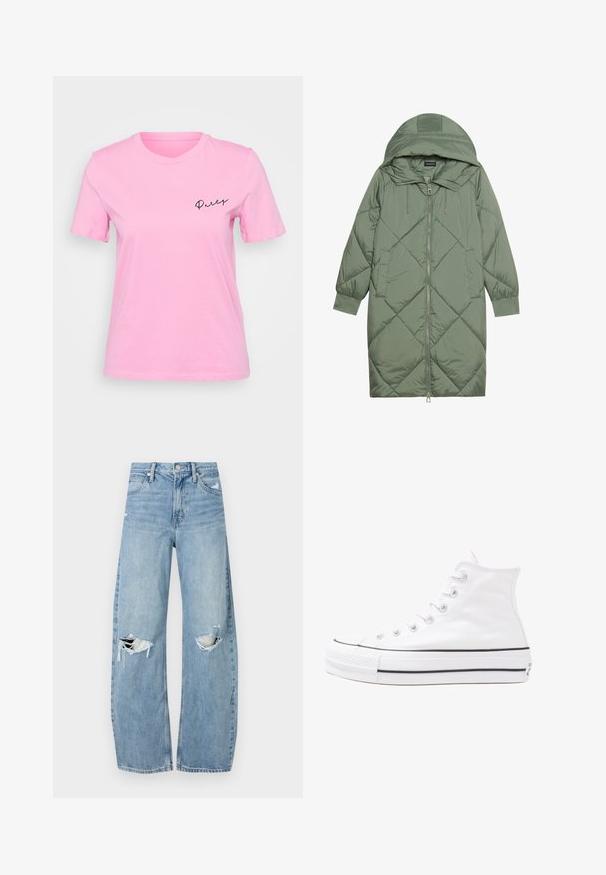 Quiltuotas ilgas žalias pūkinis paltas su kapuce, turintis priekinį užtrauktuką ir dvi šonines kišenes. Visame paviršiuje yra tekstūrinis rombų raštas.; Rausvos medvilninės marškinėlių su tricento rankovėmis, apvaliu kaklu ir žodžiu "Party" juodu kreivuoju šriftu kairėje krūtinės pusėje.; Šviesiai mėlynos, aukštu juosmeniu džinsai pagaminti iš džinsinio audinio. Turi plačias kojų kelnes, dvi suplėšytas kelio vietas ir klasikinį penkių kišenių dizainą.; Balti aukštakulniai drobės sportbačiai su juodu guminio pado, priekinio guminio piršto dangteliu ir šešiais akytėmis raištams, pasižymintys švariu, minimalistiniu dizainu.