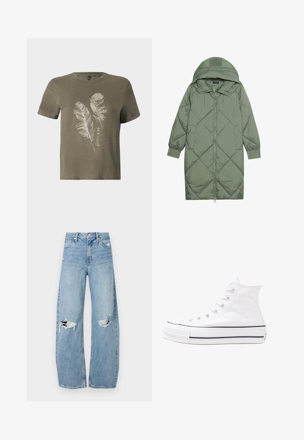 Vihreä vuorattu pitkänmallinen puhvitakki, jossa on huppu, etuvetoketju ja kaksi sivutaskua. Koko takin pinta on teksturoidussa timanttikuviossa.; Oliivivihreä puuvillapaita lyhyillä hihoilla, jossa on valkoinen höyhenpainatus ja pyöreä kaula-aukko.; Vaaleansiniset, korkeavyötäröiset farkut, jotka on valmistettu denimmateriaalista. Ominaisuuksiin kuuluvat leveät lahkeet, kaksi revittyä polvialuetta ja klassinen viiden taskun tyyli.; Valkoiset korkeavartiset kangaskengät mustalla kumipohjalla, edessä kuminen varvasosa ja kuusi nauha-aukkoa, puhtaan minimalistisella muotoilulla.