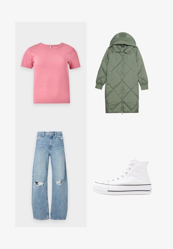 Quilted long green puffer coat with a hood, featuring a front zipper closure and two side pockets. Textured diamond pattern throughout.; Short-sleeve pink ribbed T-shirt made of soft fabric, featuring a round neckline and a slightly fitted design.; Light blue, high-waisted jeans made of denim. Feature wide legs, two torn knee areas, and classic five-pocket styling.; White high-top canvas sneaker with black rubber sole, front rubber toe cap, and six eyelets for laces, featuring a clean, minimalist design.
