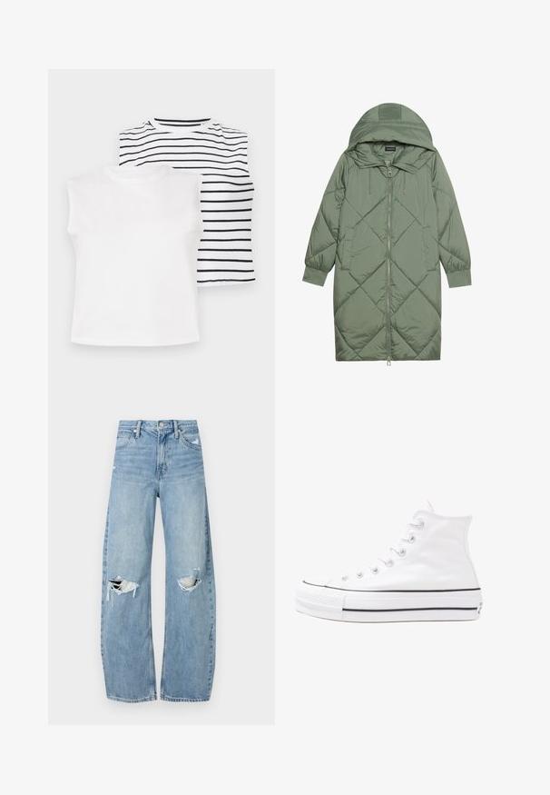 Manteau matelassé long vert avec capuche, doté d'une fermeture éclair à l'avant et de deux poches latérales. Motif en losanges texturé sur toute sa surface.; Deux tops sans manches : l'un est blanc uni, l'autre arbore des rayures noires horizontales sur fond blanc. Tissu doux, encolures rondes.; Jeans en denim bleu clair à taille haute. Présentent des jambes larges, deux zones déchirées aux genoux et un style classique à cinq poches.; Baskets montantes en toile blanche avec semelle en caoutchouc noir, capuchon en caoutchouc à l'avant, et six œillets pour les lacets, présentant un design épuré et minimaliste.