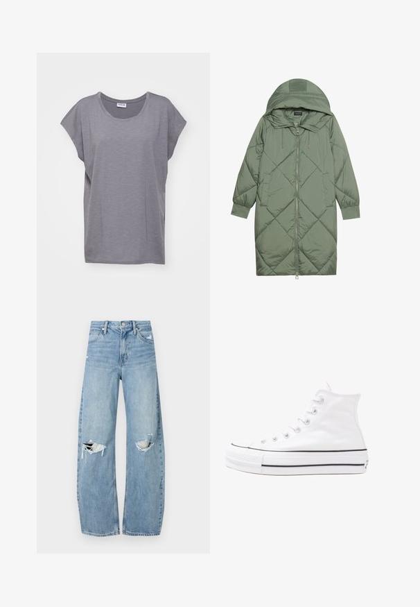 Zelený prešívaný páperový kabát s kapucňou, so zipsovým uzáverom vpredu a dvoma bočnými vreckami. Po celom povrchu je textúrovaný diamantový vzor.; Noisy May NMMATHILDE LOOSE LONG - Základné tričko - charcoal gray; Svetlomodré, vysoké džínsy vyrobené z denimu. Majú široké nohavice, dve roztrhnuté kolená a klasický päťvreckový strih.; Biele vysoké plátené tenisky s čiernou gumovou podošvou, prednou gumovou špičkou a šiestimi okami na šnúrky, s čistým, minimalistickým dizajnom.