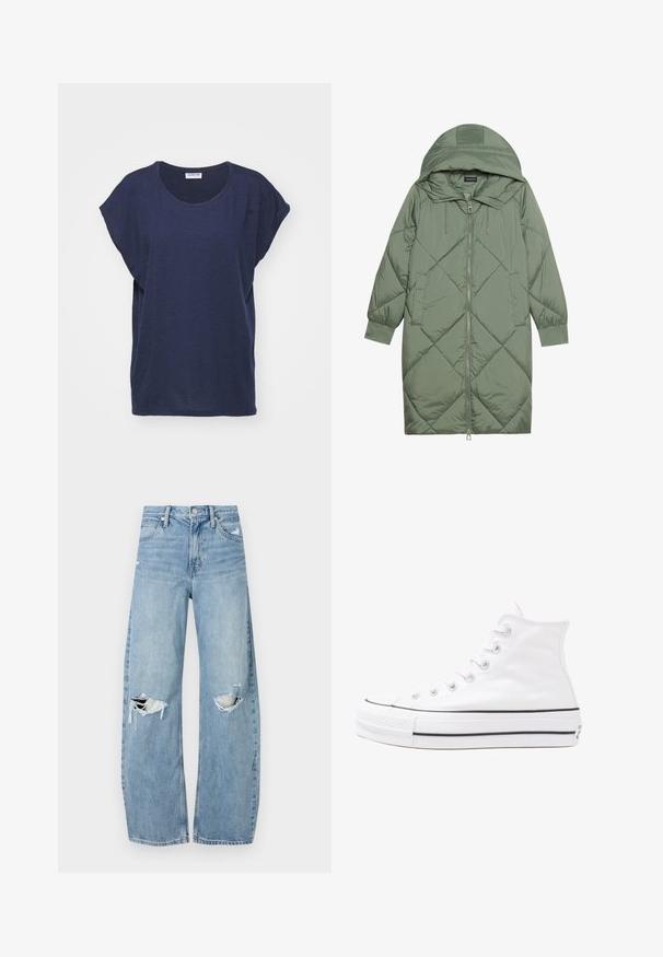 Casaco puffer longo verde acolchoado com capuz, apresentando um fecho frontal com zíper e dois bolsos laterais. Padrão texturizado em forma de diamante por todo o casaco.; T-shirt de manga curta azul-marinho feito de um tecido suave, com decote redondo e um corte solto, com fendas laterais para conforto e liberdade de movimento.; Jeans de lavagem clara, de cintura alta, feitos de denim. Apresentam pernas largas, duas áreas rasgadas nos joelhos e o estilo clássico de cinco bolsos.; Sapatilha alta de tela branca com sola de borracha preta, bico de borracha na frente e seis ilhós para os atacadores, apresentando um design limpo e minimalista.
