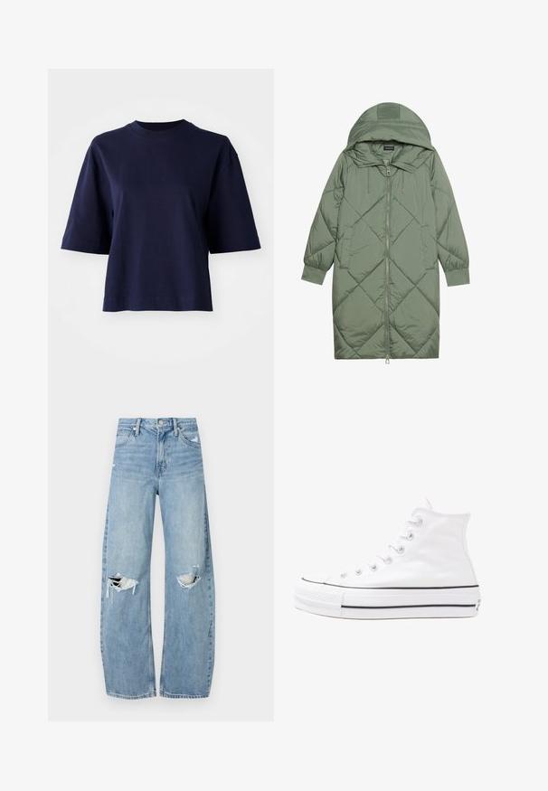 Quiltet lang grøn pufferjakke med hætte, med frontlynlås og to sidelommer. Teksturret diamantmønster over det hele.; Mørkeblå bomulds t-shirt med rund halsudskæring, korte ærmer og en afslappet pasform. Har en ensfarvet design uden mønstre eller udsmykninger.; Lysblå, højtraljede jeans lavet af denim. Har brede ben, to huller ved knæene og klassisk fem-lommes stil.; Hvide høje kanvas sneakers med sort gummisål, gummitåhætte foran og seks øjehuller til snørebånd, der har et rent, minimalistisk design.