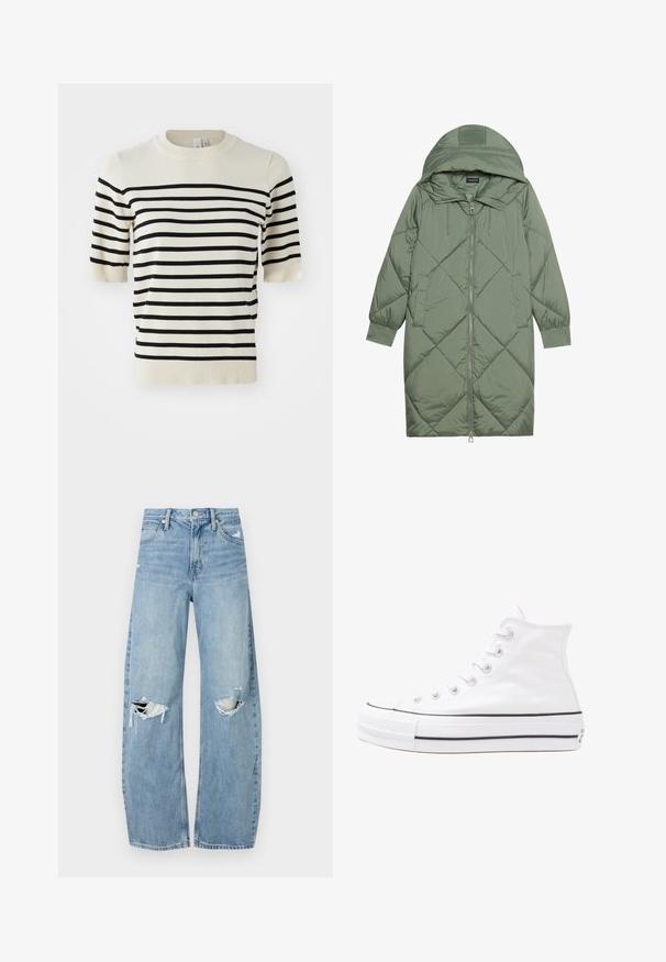 Gesteppten langer grüner Daunenmantel mit Kapuze, mit einem Reißverschluss vorne und zwei Seitentaschen. Strukturiertes Rautenmuster auf der gesamten Fläche.; Cremfarbener Kurzarm-Pullover mit horizontalen schwarzen Streifen. Verfügt über einen runden Ausschnitt und eine weiche Strickstruktur. Bündchen und Saum gerippt.; Helles, hochtailliertes Jeans aus Denim. Hat weit geschnittene Beine, zwei aufgerissene Kniebereiche und klassischen Fünf-Taschen-Stil.; Weiße hochwertige Leinensneaker mit schwarzer Gummisohle, vorderem Gummizehenschutz und sechs Ösen für Schnürsenkel, die ein sauberes, minimalistisches Design aufweisen.