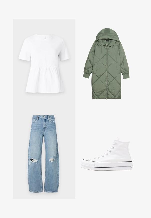 Quiltet lang grønn pufferjakke med hette, med en frontglidelås og to sidelommer. Teksturerte diamantmønster overalt.; Hvit t-skjorte med korte ermer og samlet midje, med en løs passform og myk bomullstekstur. Enkel, rund hals.; Lyseblå høytlivsjeans laget av denim. Har vide bein, to revne knær og klassisk fem-lommers design.; Hvit høy-skinn kanvas sneakers med svart gummisåle, gummitåhette foran og seks hull for snorer, med et rent, minimalistisk design.