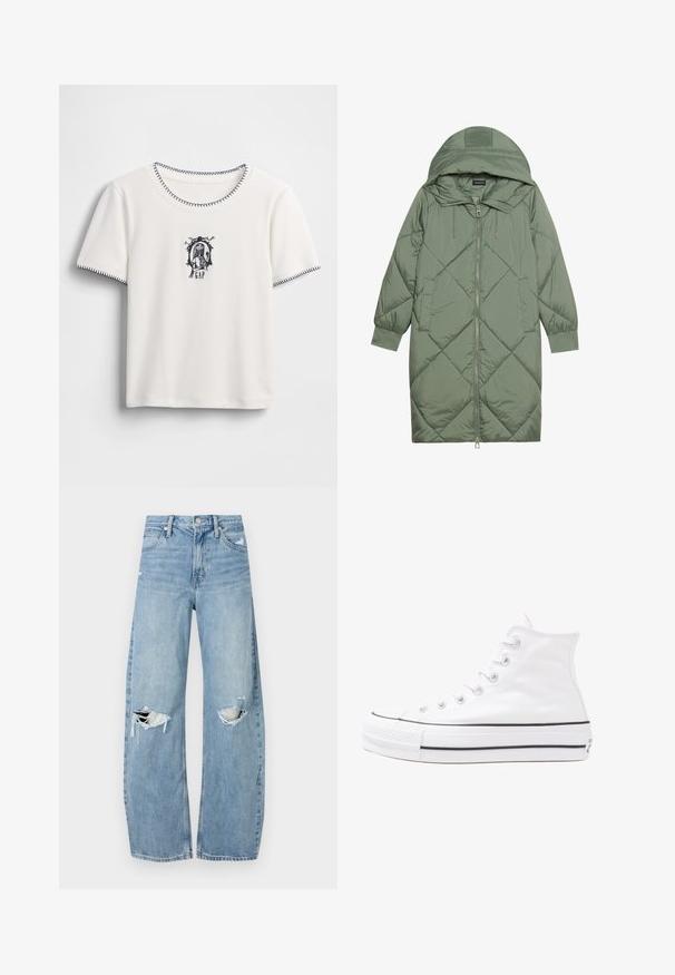 Vihreä vuorattu pitkänmallinen puhvitakki, jossa on huppu, etuvetoketju ja kaksi sivutaskua. Koko takin pinta on teksturoidussa timanttikuviossa.; Valkoinen t-paita, jossa on pyöreä kaulus ja lyhyet hihat, tummansinisin ompelein viimeisteltynä sekä kirjailtu kuvitus tekstillä ja koristeellisella kehyksellä.; Vaaleansiniset, korkeavyötäröiset farkut, jotka on valmistettu denimmateriaalista. Ominaisuuksiin kuuluvat leveät lahkeet, kaksi revittyä polvialuetta ja klassinen viiden taskun tyyli.; Valkoiset korkeavartiset kangaskengät mustalla kumipohjalla, edessä kuminen varvasosa ja kuusi nauha-aukkoa, puhtaan minimalistisella muotoilulla.