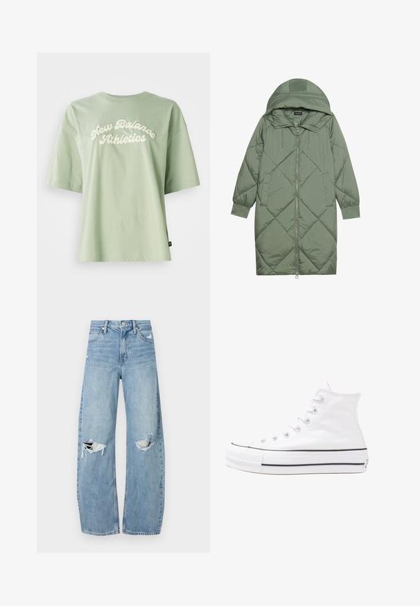 Quiltuotas ilgas žalias pūkinis paltas su kapuce, turintis priekinį užtrauktuką ir dvi šonines kišenes. Visame paviršiuje yra tekstūrinis rombų raštas.; Žalias medvilninis marškinėliai su kreminės spalvos "New Balance Athletics" logotipu ant priekinės dalies, trumpomis rankovėmis ir laisvu siluetu.; Šviesiai mėlynos, aukštu juosmeniu džinsai pagaminti iš džinsinio audinio. Turi plačias kojų kelnes, dvi suplėšytas kelio vietas ir klasikinį penkių kišenių dizainą.; Balti aukštakulniai drobės sportbačiai su juodu guminio pado, priekinio guminio piršto dangteliu ir šešiais akytėmis raištams, pasižymintys švariu, minimalistiniu dizainu.
