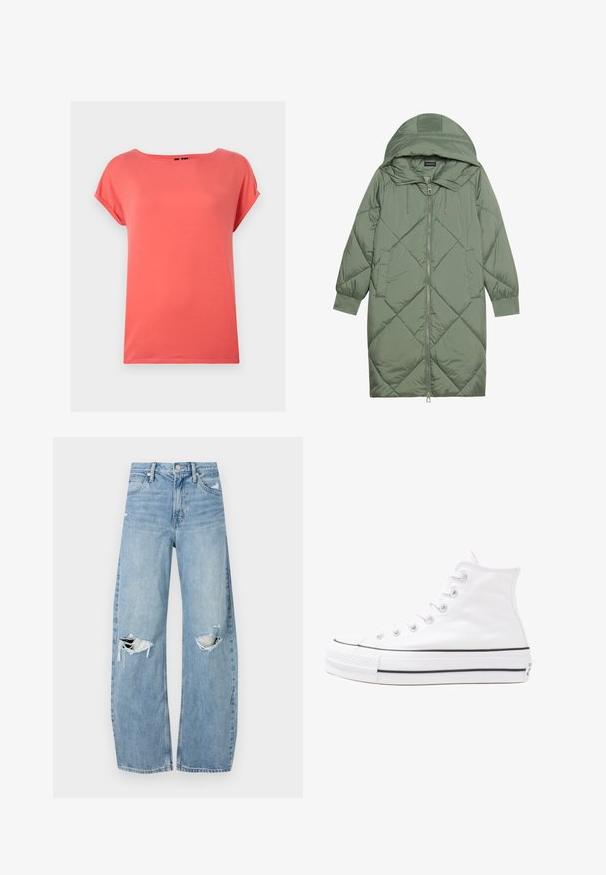 Quilted long green puffer coat with a hood, featuring a front zipper closure and two side pockets. Textured diamond pattern throughout.; Coral short-sleeve t-shirt with a relaxed fit, round neckline, and smooth texture. No visible patterns or hardware details.; Light blue, high-waisted jeans made of denim. Feature wide legs, two torn knee areas, and classic five-pocket styling.; White high-top canvas sneaker with black rubber sole, front rubber toe cap, and six eyelets for laces, featuring a clean, minimalist design.