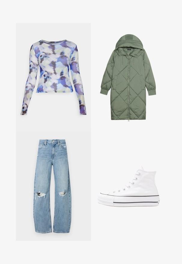 Casaco puffer longo verde acolchoado com capuz, apresentando um fecho frontal com zíper e dois bolsos laterais. Padrão texturizado em forma de diamante por todo o casaco.; Noisy May NMJUDITH BG - Camisola de manga comprida - pearled ivory/petal; Jeans de lavagem clara, de cintura alta, feitos de denim. Apresentam pernas largas, duas áreas rasgadas nos joelhos e o estilo clássico de cinco bolsos.; Sapatilha alta de tela branca com sola de borracha preta, bico de borracha na frente e seis ilhós para os atacadores, apresentando um design limpo e minimalista.