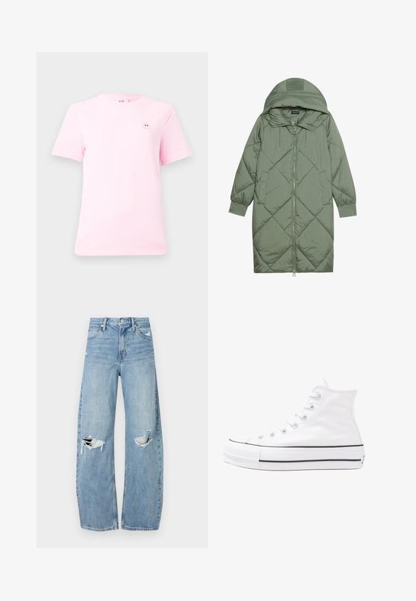 Pistetud pikk roheline puffermantel kapuutsiga, esiküljel tõmblukuga ja kahe küljetaskuga. Kogu pinnal on struktureeritud rombikujundus.; Heled roosa lühikeste varrukatega t-särk, mis on valmistatud puuvillast, vasakul rinnal on väike ümmargune naeratav nägu. Pehme tekstuur ja standardne lõige.; Heledad hallideega sinised teksad, millel on kõrge talje. Teksade jalgadel on lai alus, kaks rebitud kohta põlvede ümber ning klassikaline viie tasku stiil.; Valge kõrgem kangast tenniseking, millel on must kummist tald, ees kummist varvasetugi ja kuus aukku paelte jaoks, pakkudes puhta ja minimalistliku disaini.