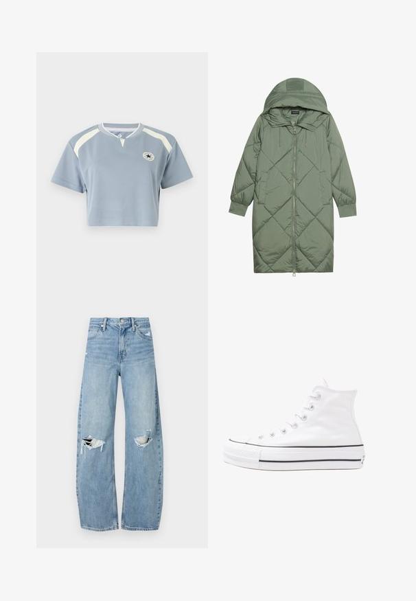 Pistetud pikk roheline puffermantel kapuutsiga, esiküljel tõmblukuga ja kahe küljetaskuga. Kogu pinnal on struktureeritud rombikujundus.; Heled sinine lühikeste varrukatega t-särk. Omab kreemikaid aktsente ja ümmargust logo rinnal. Ümmargune kaelus.; Heledad hallideega sinised teksad, millel on kõrge talje. Teksade jalgadel on lai alus, kaks rebitud kohta põlvede ümber ning klassikaline viie tasku stiil.; Valge kõrgem kangast tenniseking, millel on must kummist tald, ees kummist varvasetugi ja kuus aukku paelte jaoks, pakkudes puhta ja minimalistliku disaini.