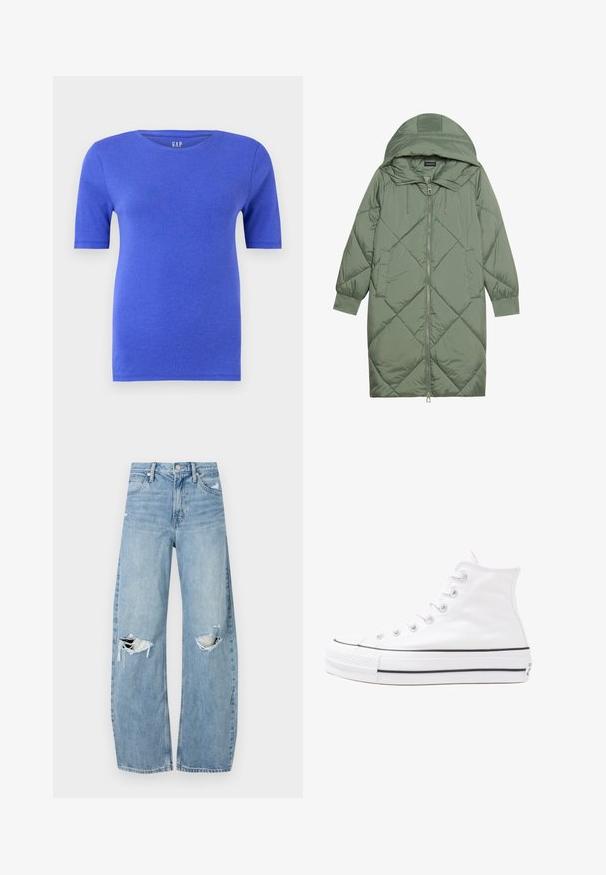 Gequiltede lange groene pufferjas met een capuchon, met een ritssluiting aan de voorkant en twee zijzakken. Gelaagd ruitpatroon overal.; Blauw T-shirt met korte mouwen, gemaakt van zachte katoen, met een klassieke ronde halslijn. Het shirt heeft een subtiele textuur en het merkembleem op de kraag.; Lichtblauwe, hooggeritste jeans van denim. Beschikken over wijde pijpen, twee gescheurde knievalken en klassieke vijfzakken styling.; Witte high-top canvas sneakers met een zwarte rubberen zool, een rubberen neuskap aan de voorkant en zes gaatjes voor veters, met een schone, minimalistische uitstraling.