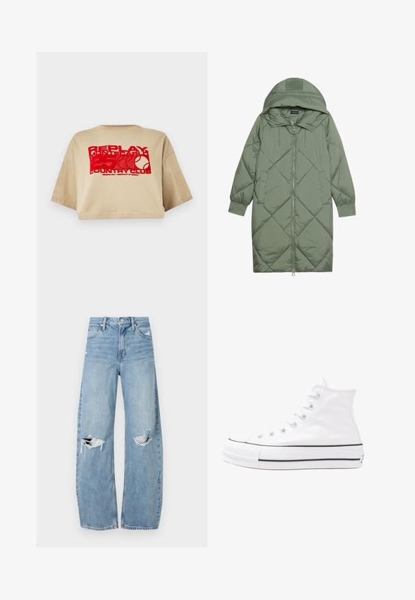 Abrigo acolchado largo verde tipo puffer con capucha, que presenta un cierre frontal con cremallera y dos bolsillos laterales. Patrón de diamantes texturizado en toda su superficie.; Camiseta corta beige, de mangas cortas, con texto gráfico rojo y un estampado de pelota de tenis. Fabricada con suave tela de algodón.; Vaqueros de mezclilla de tiro alto en azul claro. Tienen piernas anchas, dos áreas desgastadas en las rodillas y un estilo clásico de cinco bolsillos.; Zapatilla de lona alta blanca con suela de goma negra, puntera de goma frontal y seis ojetes para los cordones, que presenta un diseño limpio y minimalista.