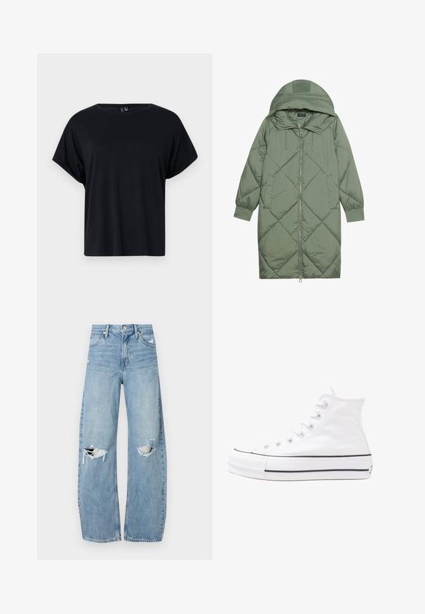 Cele nouă pictate în verde închis, din material pufos, cu glugă, care dispune de închidere cu fermoar frontal și două buzunare laterale. Model texturat cu un model în diamant pe întreaga suprafață.; Tricou negru cu mânecă scurtă, fabricat din bumbac moale. Are un guler rotund și o croială lejeră. Textură netedă, fără modele sau accente vizibile.; Jeans de denim, de un bleu deschis, cu talie înaltă. Au picioare late, două zone rupte la genunchi și un stil clasic cu cinci buzunare.; Adidași albi tip pantofi sport cu glezna din pânză, cu talpă din cauciuc negru, capac de vârf din cauciuc frontal și șase ochiuri pentru șireturi, având un design curat și minimalist.