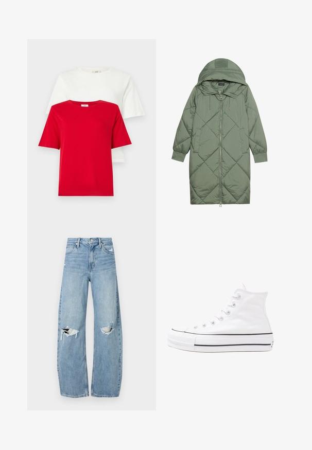 Steppelt, hosszú zöld pufikabát kapucnival, elöl cipzáras záródással és két oldalsó zsebből áll. Az anyagon teljes hosszában váltakozó gyémántmintázat található.; Piros és fehér pamut pólók, kerek nyakkal és rövid ujjakkal egymásra rakva. Egyszerű dizájn, sima textúra, és nincsenek látható minták vagy kiegészítők.; Világoskék, magas derekú farmernadrág. Széles lábakkal, két szakadt térddel és klasszikus öt zsebes dizájnnal rendelkezik.; Fehér magaskorsó vászon sportcipő fekete gumi talppal, elülső gumi orrnyereggel és hat fűzőlyukkal, letisztult, minimalista dizájnnal.