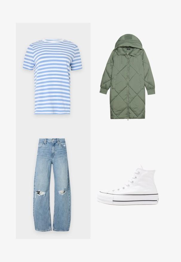 Casaco puffer longo verde acolchoado com capuz, apresentando um fecho frontal com zíper e dois bolsos laterais. Padrão texturizado em forma de diamante por todo o casaco.; T-shirt às riscas com riscas horizontais em azul claro e branco, decote redondo, mangas curtas e material macio de algodão.; Jeans de lavagem clara, de cintura alta, feitos de denim. Apresentam pernas largas, duas áreas rasgadas nos joelhos e o estilo clássico de cinco bolsos.; Sapatilha alta de tela branca com sola de borracha preta, bico de borracha na frente e seis ilhós para os atacadores, apresentando um design limpo e minimalista.