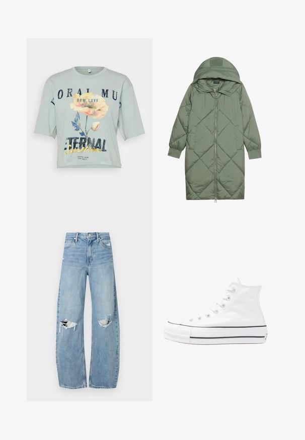 Pistetud pikk roheline puffermantel kapuutsiga, esiküljel tõmblukuga ja kahe küljetaskuga. Kogu pinnal on struktureeritud rombikujundus.; Kreemjas roheline puuvillane T-särk lõdva lõikega, lühikeste varrukatega, lillelise graafilise trükiga ja tekstiga "KÜPSETA ARMASTUST IGAVESTES GÄÄRDES."; Heledad hallideega sinised teksad, millel on kõrge talje. Teksade jalgadel on lai alus, kaks rebitud kohta põlvede ümber ning klassikaline viie tasku stiil.; Valge kõrgem kangast tenniseking, millel on must kummist tald, ees kummist varvasetugi ja kuus aukku paelte jaoks, pakkudes puhta ja minimalistliku disaini.