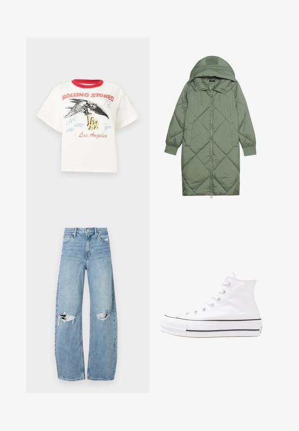 Quilted long green puffer coat with a hood, featuring a front zipper closure and two side pockets. Textured diamond pattern throughout.; White cotton t-shirt with red crew neck, featuring a graphic of a bird, “Rolling Stones '72” text, and “LA” design elements in various colors.; Light blue, high-waisted jeans made of denim. Feature wide legs, two torn knee areas, and classic five-pocket styling.; White high-top canvas sneaker with black rubber sole, front rubber toe cap, and six eyelets for laces, featuring a clean, minimalist design.