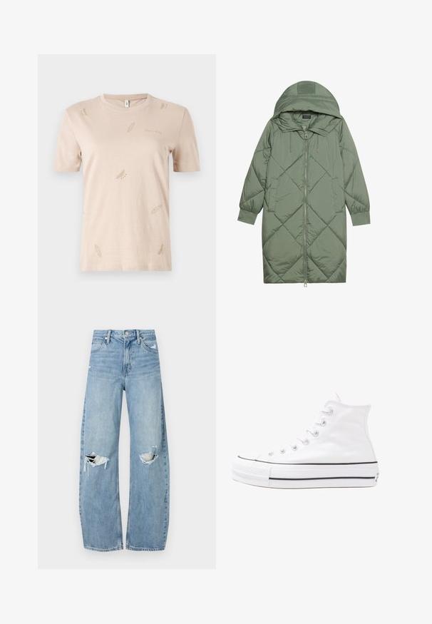 Quilted long green puffer coat with a hood, featuring a front zipper closure and two side pockets. Textured diamond pattern throughout.; Beige cotton T-shirt with a crew neck. Features small, subtle feather patterns in a lighter shade. Short sleeves, regular fit.; Light blue, high-waisted jeans made of denim. Feature wide legs, two torn knee areas, and classic five-pocket styling.; White high-top canvas sneaker with black rubber sole, front rubber toe cap, and six eyelets for laces, featuring a clean, minimalist design.
