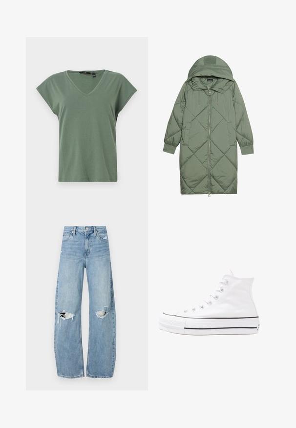 Quiltet lang grøn pufferjakke med hætte, med frontlynlås og to sidelommer. Teksturret diamantmønster over det hele.; Oliven grøn V-hals T-shirt med korte ærmer, lavet af blødt stof. Har en afslappet pasform og et rent design uden synlige logoer.; Lysblå, højtraljede jeans lavet af denim. Har brede ben, to huller ved knæene og klassisk fem-lommes stil.; Hvide høje kanvas sneakers med sort gummisål, gummitåhætte foran og seks øjehuller til snørebånd, der har et rent, minimalistisk design.
