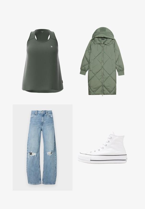 Gesteppten langer grüner Daunenmantel mit Kapuze, mit einem Reißverschluss vorne und zwei Seitentaschen. Strukturiertes Rautenmuster auf der gesamten Fläche.; Grünes Tanktop aus strukturiertem Stoff, mit Rundhalsausschnitt, Racerback-Design und dezentem Logo auf der Brust.; Helles, hochtailliertes Jeans aus Denim. Hat weit geschnittene Beine, zwei aufgerissene Kniebereiche und klassischen Fünf-Taschen-Stil.; Weiße hochwertige Leinensneaker mit schwarzer Gummisohle, vorderem Gummizehenschutz und sechs Ösen für Schnürsenkel, die ein sauberes, minimalistisches Design aufweisen.