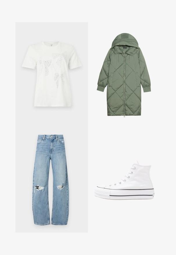 Quilted long green puffer coat with a hood, featuring a front zipper closure and two side pockets. Textured diamond pattern throughout.; White cotton t-shirt featuring rhinestone-embellished bows in various sizes and shapes across the front. Short sleeves and crew neckline.; Light blue, high-waisted jeans made of denim. Feature wide legs, two torn knee areas, and classic five-pocket styling.; White high-top canvas sneaker with black rubber sole, front rubber toe cap, and six eyelets for laces, featuring a clean, minimalist design.