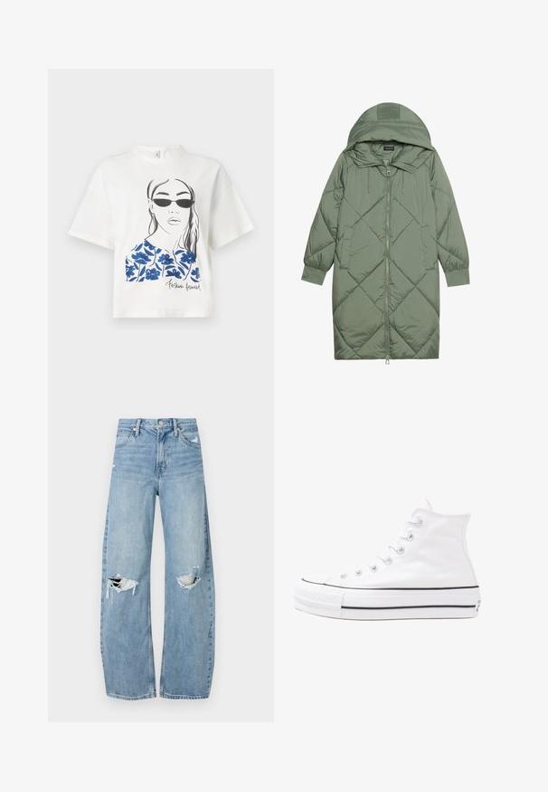 Quiltuotas ilgas žalias pūkinis paltas su kapuce, turintis priekinį užtrauktuką ir dvi šonines kišenes. Visame paviršiuje yra tekstūrinis rombų raštas.; Balta medvilninė marškinėlių su grafiniu dizainu, kuriame pavaizduota moteris su akinių nuo saulės ir mėlynomis gėlių detalėmis, o apačioje pateiktas tekstas "Mada į priekį".; Šviesiai mėlynos, aukštu juosmeniu džinsai pagaminti iš džinsinio audinio. Turi plačias kojų kelnes, dvi suplėšytas kelio vietas ir klasikinį penkių kišenių dizainą.; Balti aukštakulniai drobės sportbačiai su juodu guminio pado, priekinio guminio piršto dangteliu ir šešiais akytėmis raištams, pasižymintys švariu, minimalistiniu dizainu.