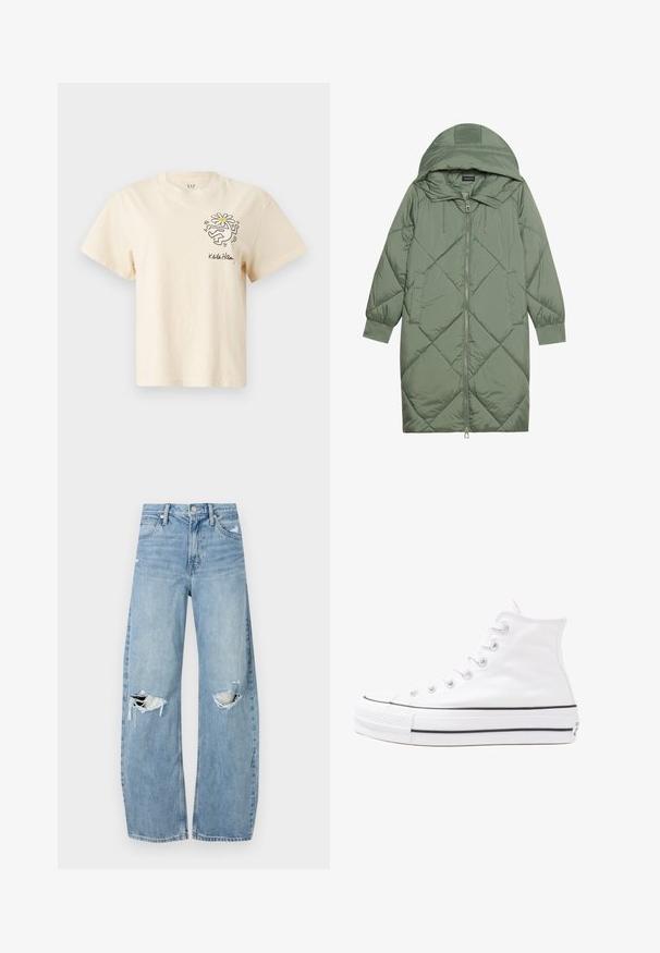 Quiltet lang grøn pufferjakke med hætte, med frontlynlås og to sidelommer. Teksturret diamantmønster over det hele.; Cremefarvet bomulds-t-shirt med korte ærmer, rund halsudskæring og et trykt design af en figur der holder en blomst på venstre bryst.; Lysblå, højtraljede jeans lavet af denim. Har brede ben, to huller ved knæene og klassisk fem-lommes stil.; Hvide høje kanvas sneakers med sort gummisål, gummitåhætte foran og seks øjehuller til snørebånd, der har et rent, minimalistisk design.