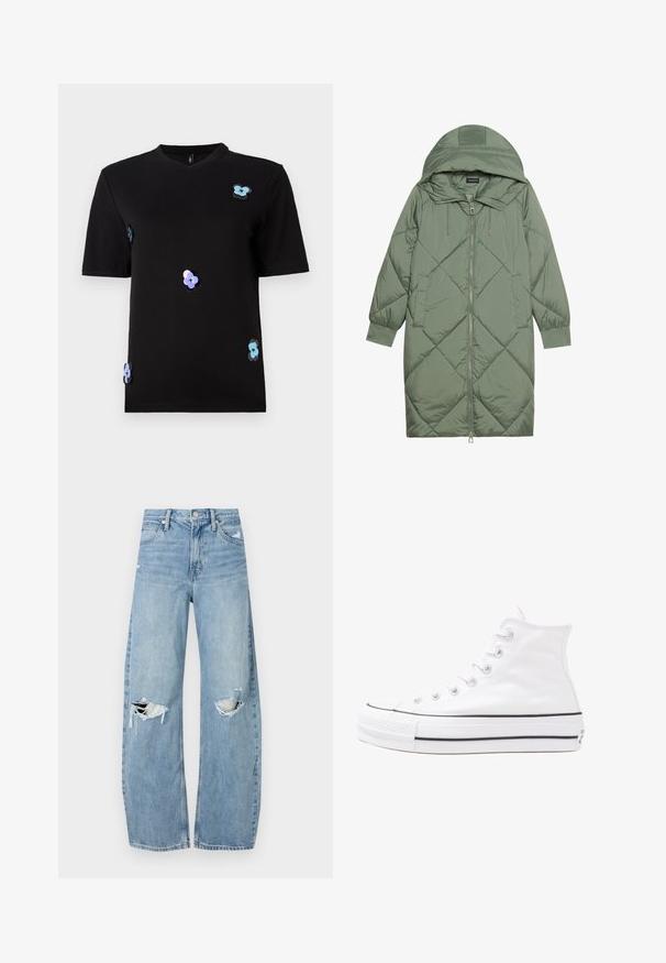 Quilted long green puffer coat with a hood, featuring a front zipper closure and two side pockets. Textured diamond pattern throughout.; Black t-shirt made of cotton, featuring short sleeves and a round neckline. Accentuated with multicolored flower appliqués.; Light blue, high-waisted jeans made of denim. Feature wide legs, two torn knee areas, and classic five-pocket styling.; White high-top canvas sneaker with black rubber sole, front rubber toe cap, and six eyelets for laces, featuring a clean, minimalist design.