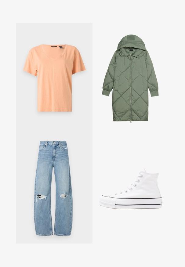 Cappotto lungo imbottito verde con un cappuccio, caratterizzato da una chiusura frontale a zip e due tasche laterali. Motivo a rombi testurizzati su tutta la superficie.; T-shirt a maniche corte e scollo a V in un delicato pesca, realizzata in morbido cotone. Presenta una vestibilità comoda e una cucitura sottile lungo l'orlo.; Jeans azzurri chiari a vita alta realizzati in denim. Presentano gambe larghe, due aree strappate sulle ginocchia e il classico styling a cinque tasche.; Sneaker alta in tela bianca con suola in gomma nera, punta in gomma frontale e sei asole per i lacci, caratterizzata da un design pulito e minimalista.