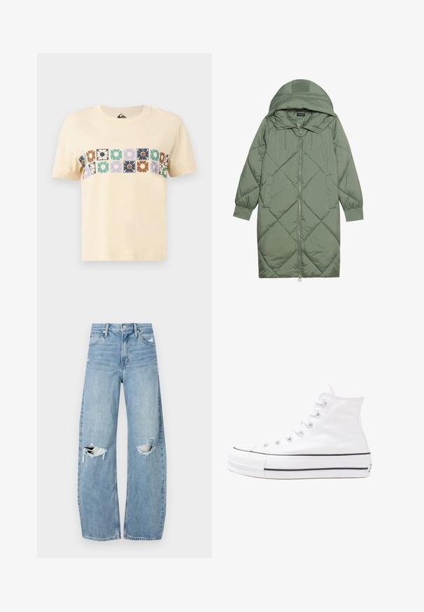 Quiltet lang grøn pufferjakke med hætte, med frontlynlås og to sidelommer. Teksturret diamantmønster over det hele.; Kræmfarvet bomulds T-shirt med et horisontalt blokmønster af stiliserede blomster i forskellige farver. Korte ærmer og rund halsudskæring.; Lysblå, højtraljede jeans lavet af denim. Har brede ben, to huller ved knæene og klassisk fem-lommes stil.; Hvide høje kanvas sneakers med sort gummisål, gummitåhætte foran og seks øjehuller til snørebånd, der har et rent, minimalistisk design.