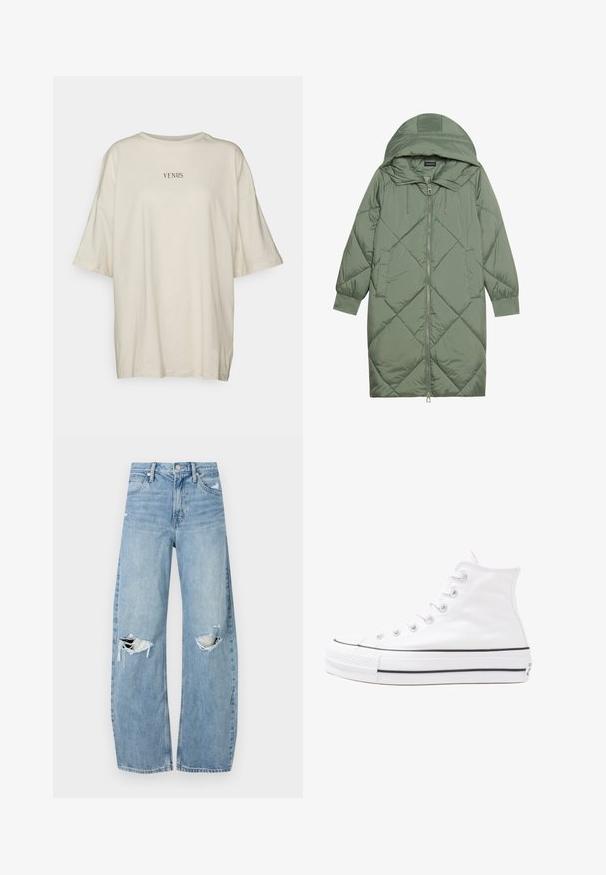 Quilted long green puffer coat with a hood, featuring a front zipper closure and two side pockets. Textured diamond pattern throughout.; Cream-colored oversized t-shirt made of soft fabric, featuring a round neck and short sleeves. Centered black text reads “VENUS.”; Light blue, high-waisted jeans made of denim. Feature wide legs, two torn knee areas, and classic five-pocket styling.; White high-top canvas sneaker with black rubber sole, front rubber toe cap, and six eyelets for laces, featuring a clean, minimalist design.