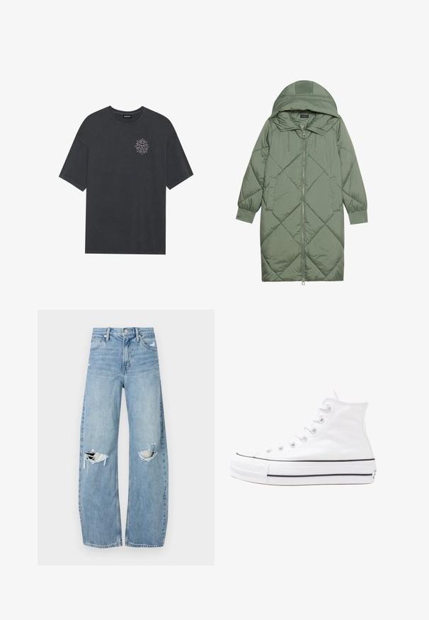 Pistetud pikk roheline puffermantel kapuutsiga, esiküljel tõmblukuga ja kahe küljetaskuga. Kogu pinnal on struktureeritud rombikujundus.; Tumehall puuvillane T-särk, millel on ümar kaelus ja lühikesed varrukad, vasakul rinnaäärsel alal valge päikesemotiiv.; Heledad hallideega sinised teksad, millel on kõrge talje. Teksade jalgadel on lai alus, kaks rebitud kohta põlvede ümber ning klassikaline viie tasku stiil.; Valge kõrgem kangast tenniseking, millel on must kummist tald, ees kummist varvasetugi ja kuus aukku paelte jaoks, pakkudes puhta ja minimalistliku disaini.