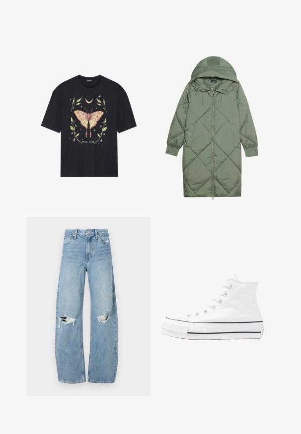 Prošívaný dlouhý zelený péřový kabát s kapucí, který má přední zip a dvě boční kapsy. Po celém povrchu je texturovaný diamantový vzor.; Černé bavlněné tričko s barevným grafickým motivem motýla obklopeného listy a hvězdami, s nápisem "PRAVÁ LÁSKA" dole.; Světle modré džíny s vysokým pasem vyrobené z denimu. Mají široké nohavice, dvě roztržené oblasti na kolenou a klasický pětikapsový střih.; Bílé vysoké plátěné tenisky s černou gumovou podrážkou, přední gumovou špičkou a šesti očky na tkaničky, se čistým, minimalistickým designem.