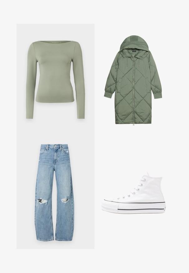 Quilted long green puffer coat with a hood, featuring a front zipper closure and two side pockets. Textured diamond pattern throughout.; Long-sleeve top in light green, featuring a round neckline and a fitted silhouette made from smooth, stretchy fabric. No patterns or embellishments.; Light blue, high-waisted jeans made of denim. Feature wide legs, two torn knee areas, and classic five-pocket styling.; White high-top canvas sneaker with black rubber sole, front rubber toe cap, and six eyelets for laces, featuring a clean, minimalist design.