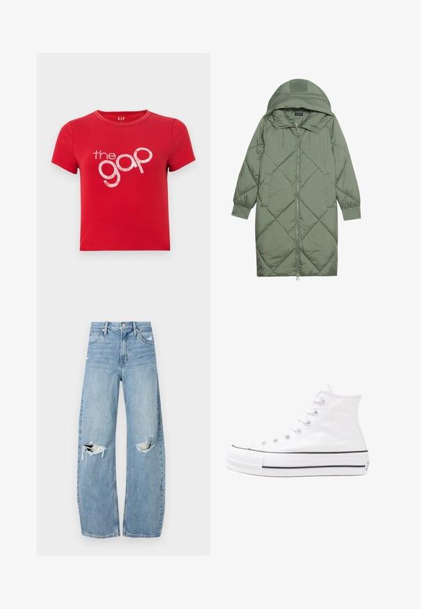 Gequiltede lange groene pufferjas met een capuchon, met een ritssluiting aan de voorkant en twee zijzakken. Gelaagd ruitpatroon overal.; Rode katoenen T-shirt met korte mouwen, ronde hals en een groot glinsterend wit tekstlogo "the gap" in het midden. Eenvoudig ontwerp, geen patronen.; Lichtblauwe, hooggeritste jeans van denim. Beschikken over wijde pijpen, twee gescheurde knievalken en klassieke vijfzakken styling.; Witte high-top canvas sneakers met een zwarte rubberen zool, een rubberen neuskap aan de voorkant en zes gaatjes voor veters, met een schone, minimalistische uitstraling.