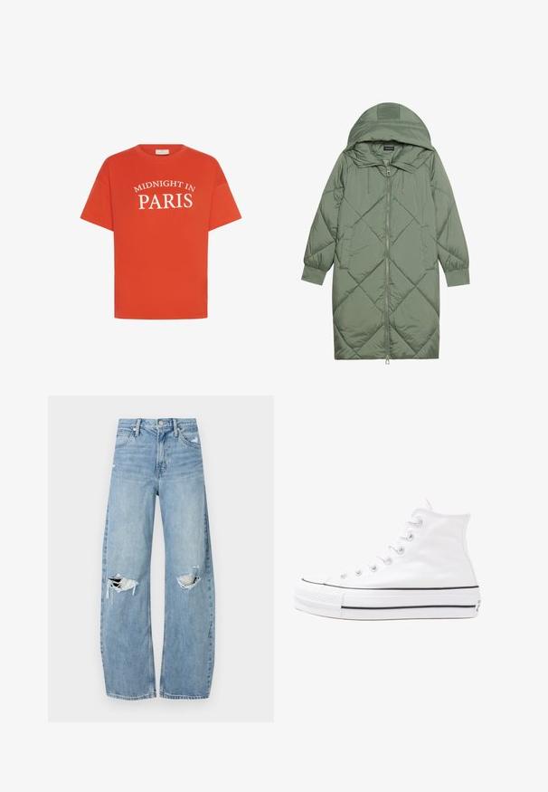 Vihreä vuorattu pitkänmallinen puhvitakki, jossa on huppu, etuvetoketju ja kaksi sivutaskua. Koko takin pinta on teksturoidussa timanttikuviossa.; Oranssi puuvillainen T-paita lyhyillä hihoilla, jossa on valkoinen teksti "MIDNIGHT IN PARIS" kaarevassa muodossa edessä.; Vaaleansiniset, korkeavyötäröiset farkut, jotka on valmistettu denimmateriaalista. Ominaisuuksiin kuuluvat leveät lahkeet, kaksi revittyä polvialuetta ja klassinen viiden taskun tyyli.; Valkoiset korkeavartiset kangaskengät mustalla kumipohjalla, edessä kuminen varvasosa ja kuusi nauha-aukkoa, puhtaan minimalistisella muotoilulla.