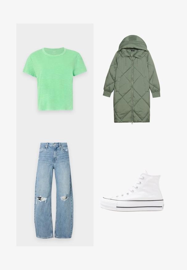 Cele nouă pictate în verde închis, din material pufos, cu glugă, care dispune de închidere cu fermoar frontal și două buzunare laterale. Model texturat cu un model în diamant pe întreaga suprafață.; Tricou cu mânecă scurtă din bumbac de culoare verde deschis, cu guler rotund și o croială ușor lejeră, având un finisaj texturat, melanj.; Jeans de denim, de un bleu deschis, cu talie înaltă. Au picioare late, două zone rupte la genunchi și un stil clasic cu cinci buzunare.; Adidași albi tip pantofi sport cu glezna din pânză, cu talpă din cauciuc negru, capac de vârf din cauciuc frontal și șase ochiuri pentru șireturi, având un design curat și minimalist.