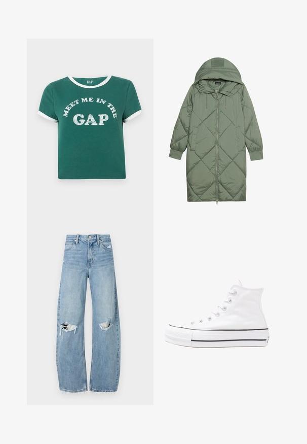 Pistetud pikk roheline puffermantel kapuutsiga, esiküljel tõmblukuga ja kahe küljetaskuga. Kogu pinnal on struktureeritud rombikujundus.; Roheline puuvillane T-särk valge kaeluse ja varrukate kaunistustega. Esiküljel on suurte, sädelevaid tähti kujutav tekst "KOHTUME VAHELT".; Heledad hallideega sinised teksad, millel on kõrge talje. Teksade jalgadel on lai alus, kaks rebitud kohta põlvede ümber ning klassikaline viie tasku stiil.; Valge kõrgem kangast tenniseking, millel on must kummist tald, ees kummist varvasetugi ja kuus aukku paelte jaoks, pakkudes puhta ja minimalistliku disaini.