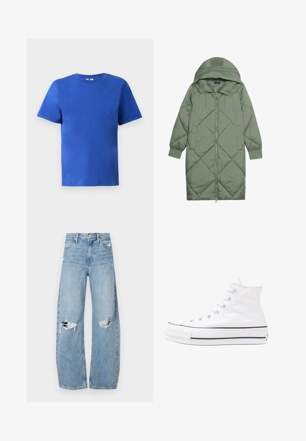 Cele nouă pictate în verde închis, din material pufos, cu glugă, care dispune de închidere cu fermoar frontal și două buzunare laterale. Model texturat cu un model în diamant pe întreaga suprafață.; Tricou cu mânecă scurtă din bumbac albastru strălucitor, cu guler rotund și o textură netedă, fără modele sau accente vizibile.; Jeans de denim, de un bleu deschis, cu talie înaltă. Au picioare late, două zone rupte la genunchi și un stil clasic cu cinci buzunare.; Adidași albi tip pantofi sport cu glezna din pânză, cu talpă din cauciuc negru, capac de vârf din cauciuc frontal și șase ochiuri pentru șireturi, având un design curat și minimalist.