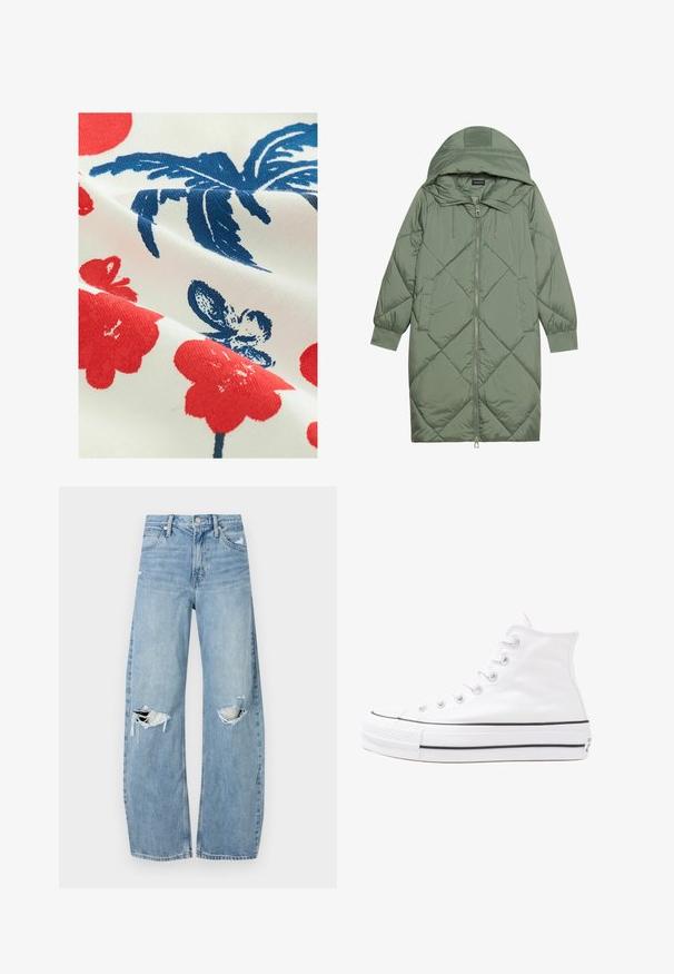 Izšūts garš zaļš pūšļa mētelis ar kapuci, ar priekšējo rāvējslēdzēju un divām sānu kabatām. Visā virsmā ir teksturēta dimanta raksts.; Kokvilnas audums ar baltu fonu, kurā ir sarkanas ziedu motīvu un zilu lapu dizaini, ar strukturētu, drukātu apdari.; Gaiši zili, augstās vidukļa džinsi, kas izgatavoti no denima. Iespējas plašas kājas, divas plēstas ceļa daļas un klasiskā piecu kabatu dizains.; Balti augstie kanvas sporta apavi ar melnu gumijas zoli, priekšējo gumijas purngalu un sešām acīm lencēm, kuriem ir tīrs, minimālistisks dizains.