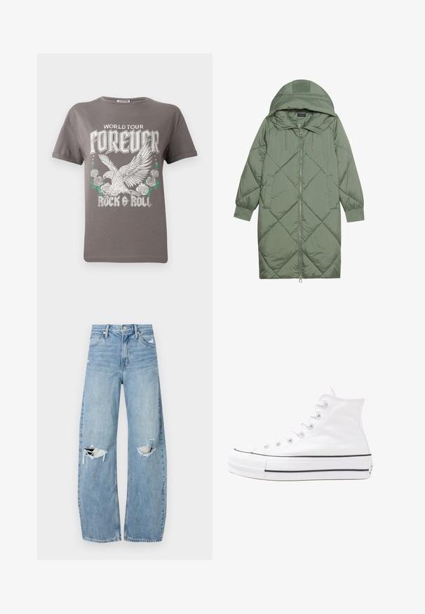 Izšūts garš zaļš pūšļa mētelis ar kapuci, ar priekšējo rāvējslēdzēju un divām sānu kabatām. Visā virsmā ir teksturēta dimanta raksts.; Pelēka kokvilnas t-kreklu ar lielu grafiku, kurā attēlots ērgļa un rožu attēls, ar tekstu "PASAULES TŪRE MŪŽĪGAIS ROCK & ROLL" treknos baltos burtiem.; Gaiši zili, augstās vidukļa džinsi, kas izgatavoti no denima. Iespējas plašas kājas, divas plēstas ceļa daļas un klasiskā piecu kabatu dizains.; Balti augstie kanvas sporta apavi ar melnu gumijas zoli, priekšējo gumijas purngalu un sešām acīm lencēm, kuriem ir tīrs, minimālistisks dizains.