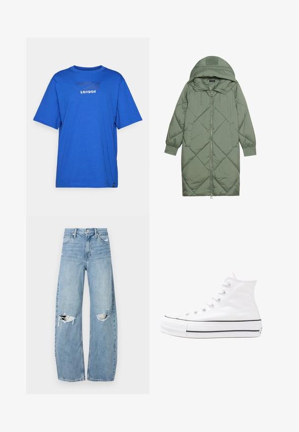 Gesteppten langer grüner Daunenmantel mit Kapuze, mit einem Reißverschluss vorne und zwei Seitentaschen. Strukturiertes Rautenmuster auf der gesamten Fläche.; Blaues Baumwoll-T-Shirt mit rundem Halsausschnitt, kurzen Ärmeln und einem strukturierten Druck mit "LONDON" auf der Vorderseite. Keine Muster oder Akzente.; Helles, hochtailliertes Jeans aus Denim. Hat weit geschnittene Beine, zwei aufgerissene Kniebereiche und klassischen Fünf-Taschen-Stil.; Weiße hochwertige Leinensneaker mit schwarzer Gummisohle, vorderem Gummizehenschutz und sechs Ösen für Schnürsenkel, die ein sauberes, minimalistisches Design aufweisen.