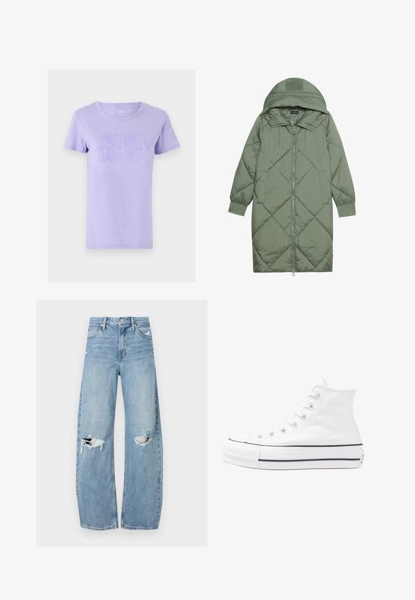 Gesteppten langer grüner Daunenmantel mit Kapuze, mit einem Reißverschluss vorne und zwei Seitentaschen. Strukturiertes Rautenmuster auf der gesamten Fläche.; Lila Baumwoll-T-Shirt mit einem strukturierten floralen Design in tonal untermalten Farbtönen und dem Wort "GAP", das prominent auf der Vorderseite angezeigt wird.; Helles, hochtailliertes Jeans aus Denim. Hat weit geschnittene Beine, zwei aufgerissene Kniebereiche und klassischen Fünf-Taschen-Stil.; Weiße hochwertige Leinensneaker mit schwarzer Gummisohle, vorderem Gummizehenschutz und sechs Ösen für Schnürsenkel, die ein sauberes, minimalistisches Design aufweisen.