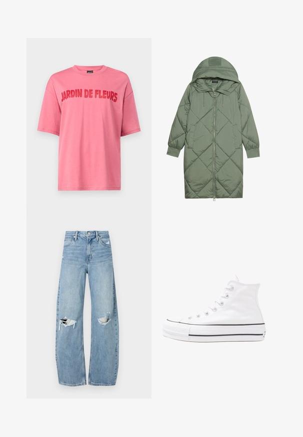 Casaco puffer longo verde acolchoado com capuz, apresentando um fecho frontal com zíper e dois bolsos laterais. Padrão texturizado em forma de diamante por todo o casaco.; Gina Tricot OVERSIZED TEE - T-shirt estampada - chateau rose; Jeans de lavagem clara, de cintura alta, feitos de denim. Apresentam pernas largas, duas áreas rasgadas nos joelhos e o estilo clássico de cinco bolsos.; Sapatilha alta de tela branca com sola de borracha preta, bico de borracha na frente e seis ilhós para os atacadores, apresentando um design limpo e minimalista.
