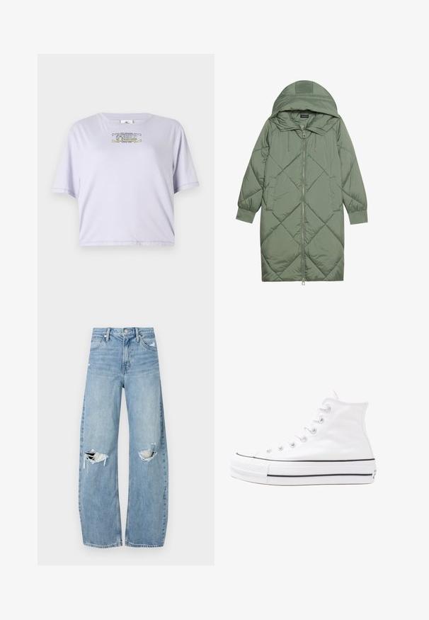 Quiltana duga zelena puffer jakna s kapuljačom, s prednjim zatvaračem i dva bočna džepa. Teksturni dijamantni uzorak kroz cijelu jaknu.; Lila skraćeni majica napravljena od mekane pamučne tkanine, s okruglim izrezom i kratkim rukavima. Središnji otisak uključuje tekst i grafičke akcentne.; Svijetloplave, visoko-strukirane traperice. Imaju široke nogavice, dva razderana područja na koljenima i klasičan stil s pet džepova.; Bijela visoka platnena tenisica s crnom gumenom potplatom, prednjim gumenim zaštitnikom prstiju i šest rupa za vezanje, s čistim, minimalističkim dizajnom.